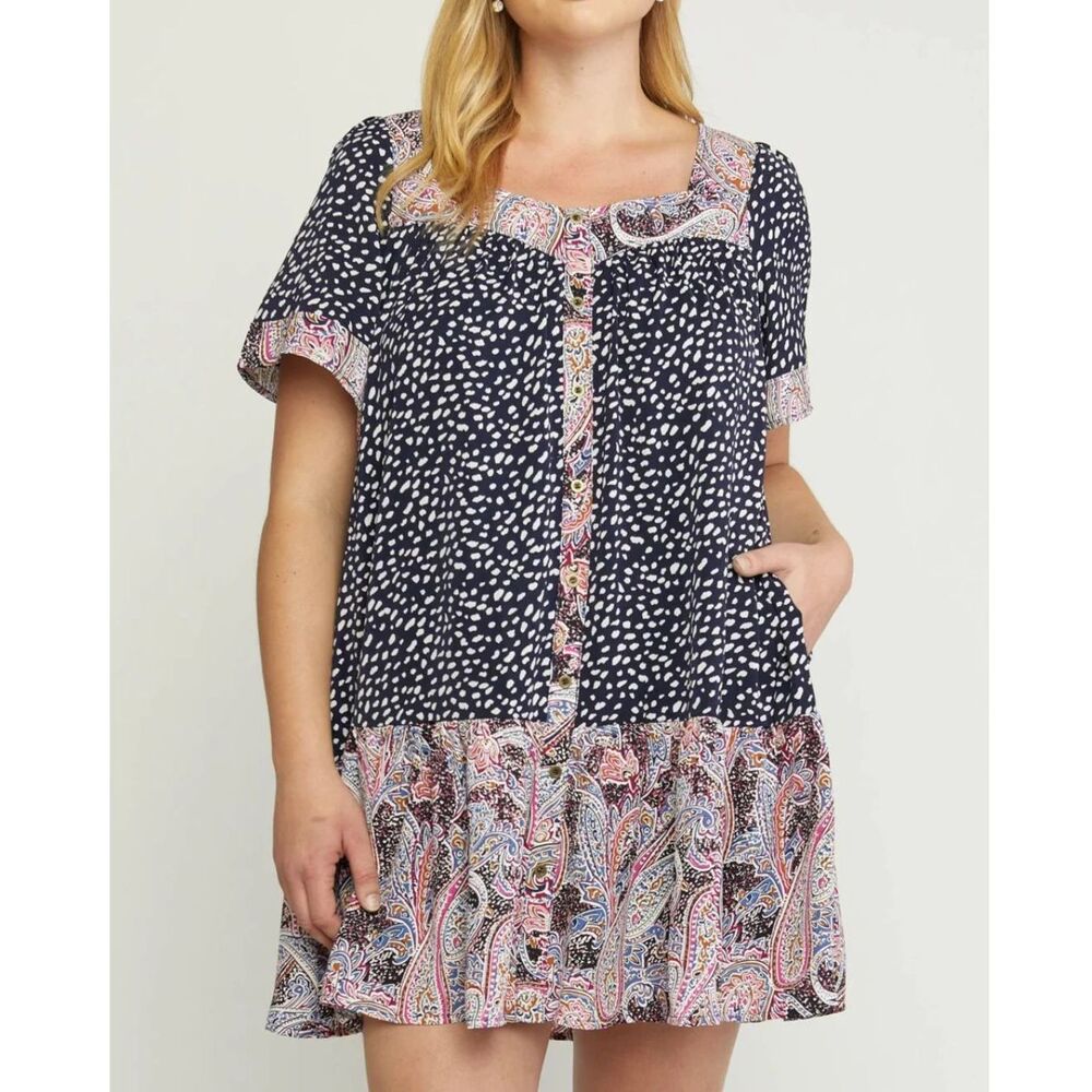 NWOT Entro Mixed Print Paisley Square Neck Babydoll Mini Garden Dress M POCKETS